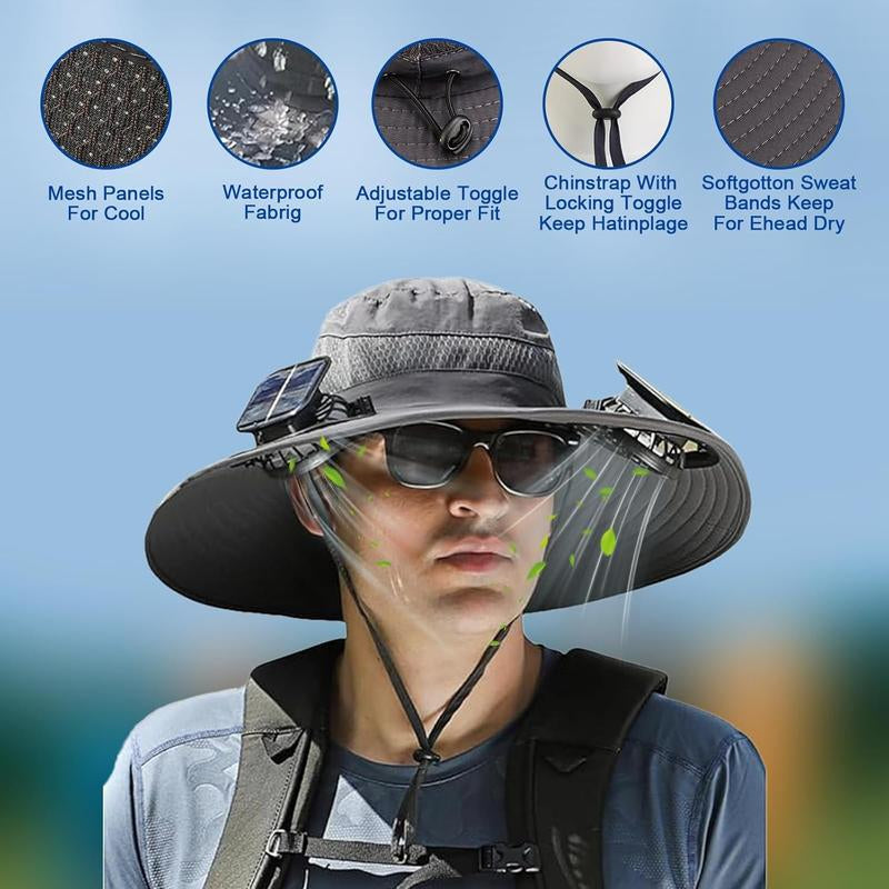 Outdoor Wide-Brimmed Sun Hat with Solar Fan, Unisex Fishing Solar Fan Hat, Fisherman'S Hat with Built-In Fan, Suitable for Fishing, Hiking, Camping, Fathers Day Gift